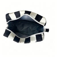 Pochette de maquillage en toile rayée, trousse de toilette portable de voyage avec fermeture éclair, logo personnalisé disponible pour le rangement des cosmétiques féminins