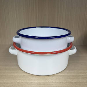 Tigelas de Sopa Redondas de Metal Esmaltado com Logotipo Personalizado, Cores Clássicas Creme e Verde, Borda Verde, Alça Dupla, 8cm, 11cm, 14cm, 18cm - Product Image 3