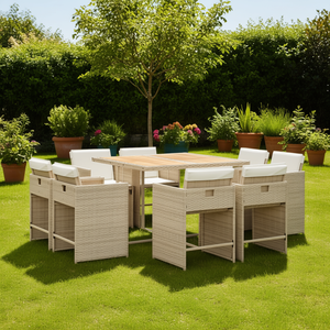 Set da pranzo da giardino in polyrattan beige da 9 pezzi con cuscini, mobili da esterno - Product Image 2