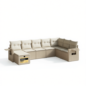Conjunto de Sofás Modulares de Jardín en Poliratán Beige, 6 Plazas, Muebles de Exterior de Diseño Moderno - Product Image 1