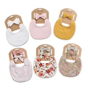 Water Proof Reusable Bandana Cotton Soft Baby Bibs Competitive Price Babies Print Gown Wholesale Custom Bib Bow Headband Set