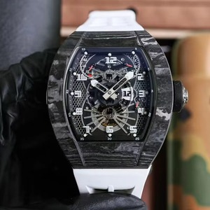 Montre-bracelet mécanique Signature Stealth Black Carbon TPT pour homme, luminescence nocturne, squelette, étanche, bracelet en caoutchouc fluoré blanc - Product Image 1