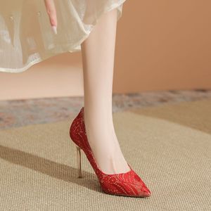 9888U <b>Red</b> <b>Sequined</b> Cloth Pumps Stiletto Heel Pointed Toe Bridal Shoes High Heel 5cm-8cm Fashion Trend - Product Image 4