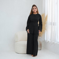 Ensemble Abaya en polyester à manches longues, deux pièces, pantalon ample à taille nouée, pantalon large uni, tenue pour femmes musulmanes
