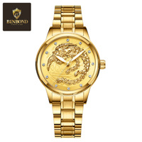 Jam Tangan Pria Gaya Cina Quartz dengan Dial Relief Naga 3D, Berlian, dan Baja Anti Karat, untuk Bisnis