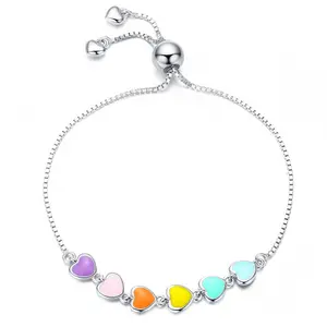 Pulseira de prata esterlina 925, joias da moda, arco-íris, esmalte, coração, para mulheres, formato de coração