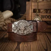 Western Cowboy PU Cinturón de cuero-Moda Casual Remaches Metal Western Beaded PU Cinturón Aleación Bull Head Hebilla Cinturones para hombres