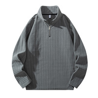 Sweat-shirt décontracté respirant pour homme en polyester à col montant, texture gaufrée, couleur unie, manches longues et fermeture éclair quart de tour