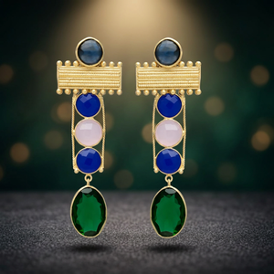 Boucles d'oreilles pendantes ethniques plaquées or, faites à la main, avec quartz, pour fiançailles et occasions festives - Product Image 2