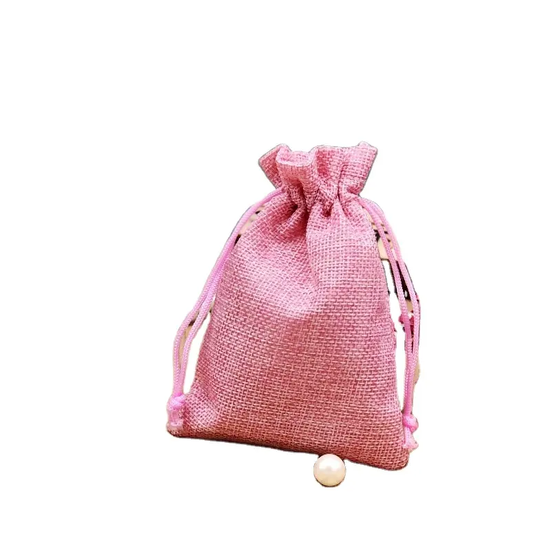 pink satin linen organic cotton drawstring packaging bag customized small mesh linen jewelry burlap drawstring pouch