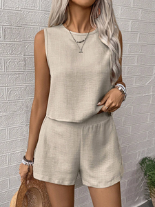 Costume décontracté pour femmes élégant <span class=keywords><strong>en</strong></span> <span class=keywords><strong>lin</strong></span> de couleur unie sans manches court deux pièces pour les vacances quotidiennes - Product Image 6