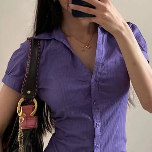 PRETTY STEPS Camiseta informal de manga corta con botones para mujer Blusa Estilo de chica caliente Y2K europeo y americano - Product Image 3