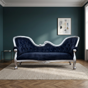Chaise longue en bois massif acajou sculpté style français, velours bleu argenté capitonné, mousse confortable, design moderne - Product Image 2