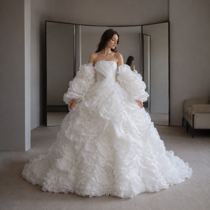 Vestido de Novia de Organza con Rosetones, Mangas Abullonadas Desmontables, Escote Corazón, <span class=keywords><strong>Volantes</strong></span> Florales, Falda de Tul con Capas, Lujoso - Product Image 1