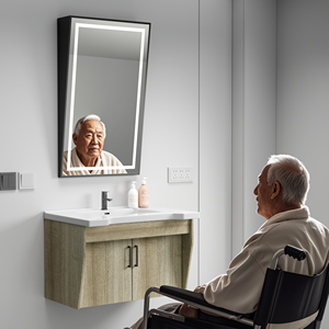 Espejo de tocador montado en la pared con marco de inclinación de <span class=keywords><strong>baño</strong></span> Led regulable de 3 colores, espejo antiniebla con luz frontal <span class=keywords><strong>para</strong></span> silla de ruedas discapacitada - Product Image 1