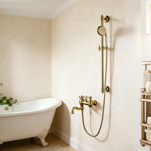 Nuevo Grifo Mezclador de Ducha y Bañera de Latón de Doble Manija para Montaje en Pared con Chorro/Masaje y Diseño de <span class=keywords><strong>Cascada</strong></span> Dorada para Uso Hotelero - Product Image 1