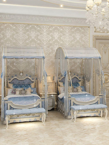 Letti Singoli Lussuosi in Stile Neoclassico, Letti Principessa in Legno Massello per Camere <span class=keywords><strong>da</strong></span> Letto Femminili, Letti Intagliati Blu <span class=keywords><strong>Sogno</strong></span> per Ragazze - Product Image 1