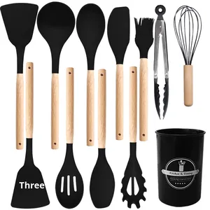 Ensemble de 12 spatules en silicone antiadhésives, ustensiles de cuisine de qualité alimentaire, manche en bois, grattoirs pour aliments, vente en gros transfrontalière - Product Image 4