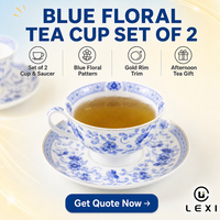 Ensemble de 2 tasses à thé et soucoupes en porcelaine bleue à motifs floraux, bord doré, style vintage, en céramique blanche, pour le thé de l'après-midi à la maison, cadeau