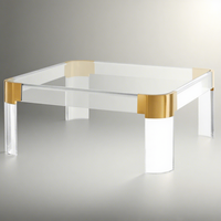 Meubles de salon contemporains durables et écologiques, table basse carrée moderne avec cadre en acrylique, plateau en verre trempé, base en métal