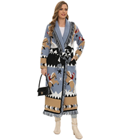 Herbst Winter Bohème Jacquard Strickjacke Damen Vintage Langarm Extra Langer Pullover Mantel