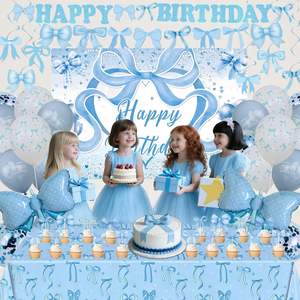 Decoraciones <span class=keywords><strong>de</strong></span> <span class=keywords><strong>Cumpleaños</strong></span> con Lazo Azul Coqueto <span class=keywords><strong>para</strong></span> Niñas y Mujeres, Pancarta <span class=keywords><strong>de</strong></span> Feliz <span class=keywords><strong>Cumpleaños</strong></span> en Azul Claro y Blanco, Globos, Mantel - Product Image 2
