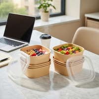Bol en papier kraft carré jetable personnalisé, étanche, avec couvercle en PET/PP, pelliculage mat, écologique, recyclable, pour la restauration rapide à emporter