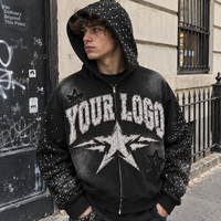 Sweat à capuche zippé intégral 450 GSM épais, délavé vintage, avec applique en strass, pour homme, personnalisable, OEM, marque privée, fabricant de streetwear