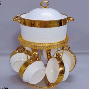 Juego de cuencos de sopa de cerámica chapados en oro en relieve Juego de sopera de sopa de porcelana con soporte de metal - Product Image 1