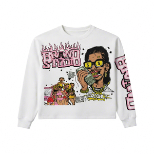 เสื้อยืดคอกลมแขนยาวพิมพ์ลายการ์ตูนสไตล์สตรีทสำหรับผู้ชาย ทรงปกติ คอโอ ผ้าฝ้ายเจอร์ซีย์สีขาว - Product Image 1