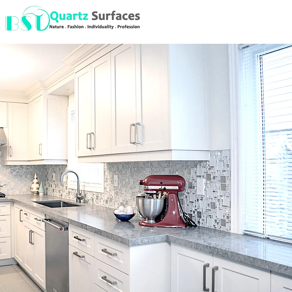 Gri renkler kuvars taş deri Finish ile mutfak Modern 49 saydam oniks mermer taş mutfak sayacı üst büyük levha 0.04%