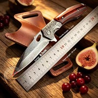 Couteau de poche pliant en acier Damas, motif plume, gravure argentée, esthétique pratique, portable pour l'extérieur, tranchant, EDC, vente en gros OEM