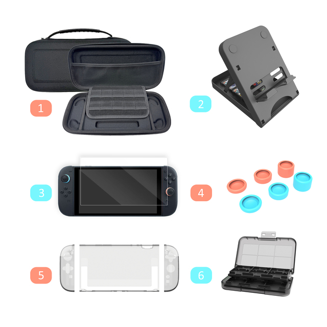 Aomiou 6 in 1 Bundle Game Accessories for Nintendo Switch 2 Protective Carry Case Tempered Film Glass Game Card Case