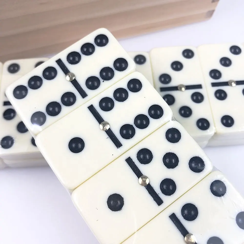 28 Tiles Ivory White Double Six Dominoes Black Dot Plastic Domino Game set with Center Spinner in Wood Box