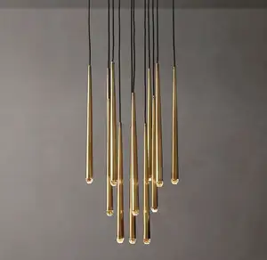 brass tube pendant light LED long drop lamp custom round staircase chandelier lighting