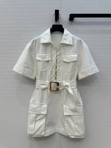 S-L थोक ग्रीष्मकालीन सरल रेट्रो बहुमुखी पोशाक के साथ एक कॉलर और क्रॉस ड्रॉस्ट्रिंग कार्गो शैली डबल पॉकेट डेनिम पोशाक - Product Image 6