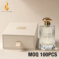 Eau de parfum liquide de luxe à étiquette privée, logo personnalisé, parfum élégant, flacon en verre côtelé, senteur bois de santal, spray longue durée