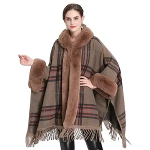 4 Couleurs Femme Oversize Tassel Knitted Plaid Coat Winter Faux Fur Neck Women Long Sleeve Cardigan Loose Cloak With Fur Hat