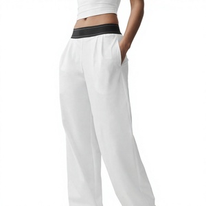 Pantalon large blanc pour femme, taille haute élastique, coupe décontractée, longueur complète, couleur unie, en mousseline - Product Image 1