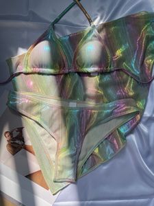 Ensemble bikini 3 pièces pour femme, couleur métallique, avec soutien-gorge push-up, bas brésilien à nouer et jupe de plage, orné de perles - Product Image 6