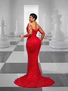 Vestido de Fiesta Rojo Personalizado Aso Ebi, <span class=keywords><strong>Vestidos</strong></span> de Graduación 2026 de Manga Larga para Mujeres Negras, <span class=keywords><strong>Vestidos</strong></span> de Noche de Talla Grande para Bodas - Product Image 5