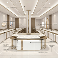 Solution complète d'aménagement de boutique de bijoux moderne et minimaliste : vitrine en verre blanc et or champagne, îlot incurvé