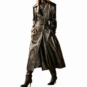 Custom High-Quality Winter Autumn And Winter Vintage Lapel Pu Leather Women Trench Coats Ladies Long Leather Coat Women