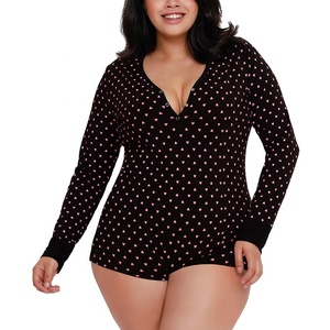 Venta al por mayor de ropa de dormir personalizada de talla grande de otoño pijama Onesie adulto Sexy Bodysuit estampado ropa de dormir pantalones cortos para mujeres - Product Image 1