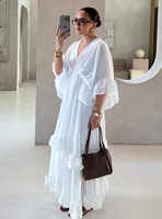 Robe longue décontractée pour femme, col en V, manches à volants, été 2026, noir et blanc
