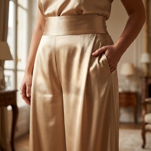 Pantalon large en satin champagne uni sur mesure OEM pour femme, taille haute, élégant, soirée, décontracté, luxe, grandes tailles EU 44 58 S 5XL - Product Image 2