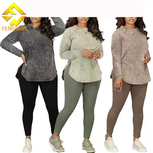 Fall 2024 Women Clothes Washed Color Split T-Shirt Set Sports Casual Women's Suit Fashion 2 Piece Legging Set