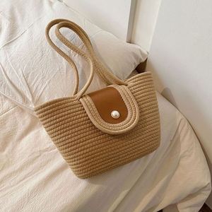 Bolso de mano tejido para mujer, bolso de mano de verano con cuerda de algodón y botón de perlas, bolso de hombro informal Retro de gran capacidad para viajes diarios - Product Image 3