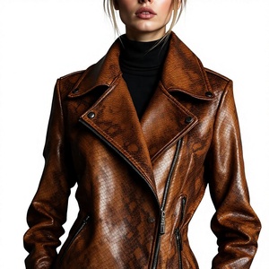 Chaqueta de Motociclista para Mujer, Color Marrón, Piel de Serpiente, Cierre de Cremallera, Cuello Plegable, Manga Larga, Abrigo de Otoño, Fabricación OEM a Medida, Estilo Vintage - Product Image 5
