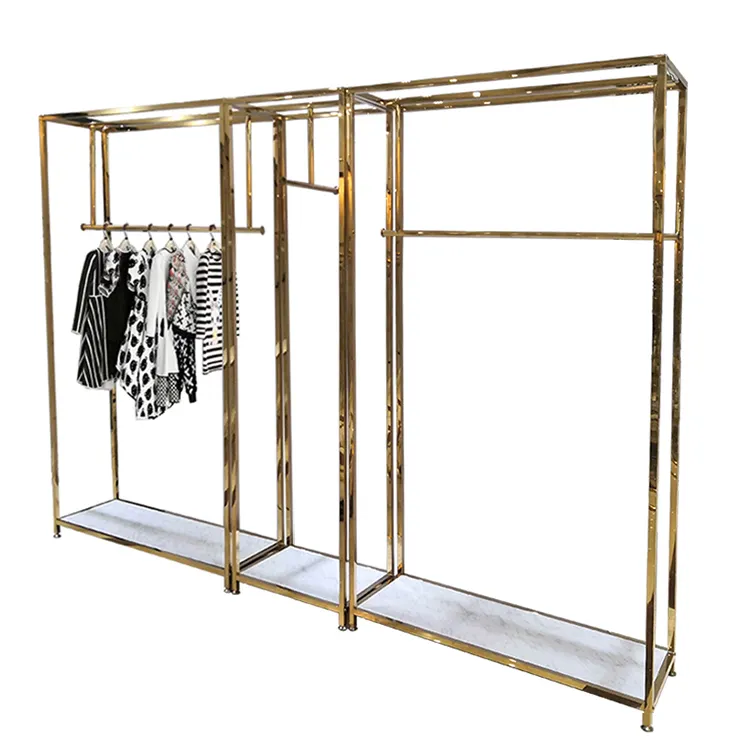 Retail Store Fixture Hanging Clothes Custom Shop Design Metal Gold Clothing Dress Display Rack
